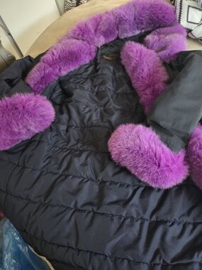 Black Ski Coat with Vibrant Purple Faux Fur Trim